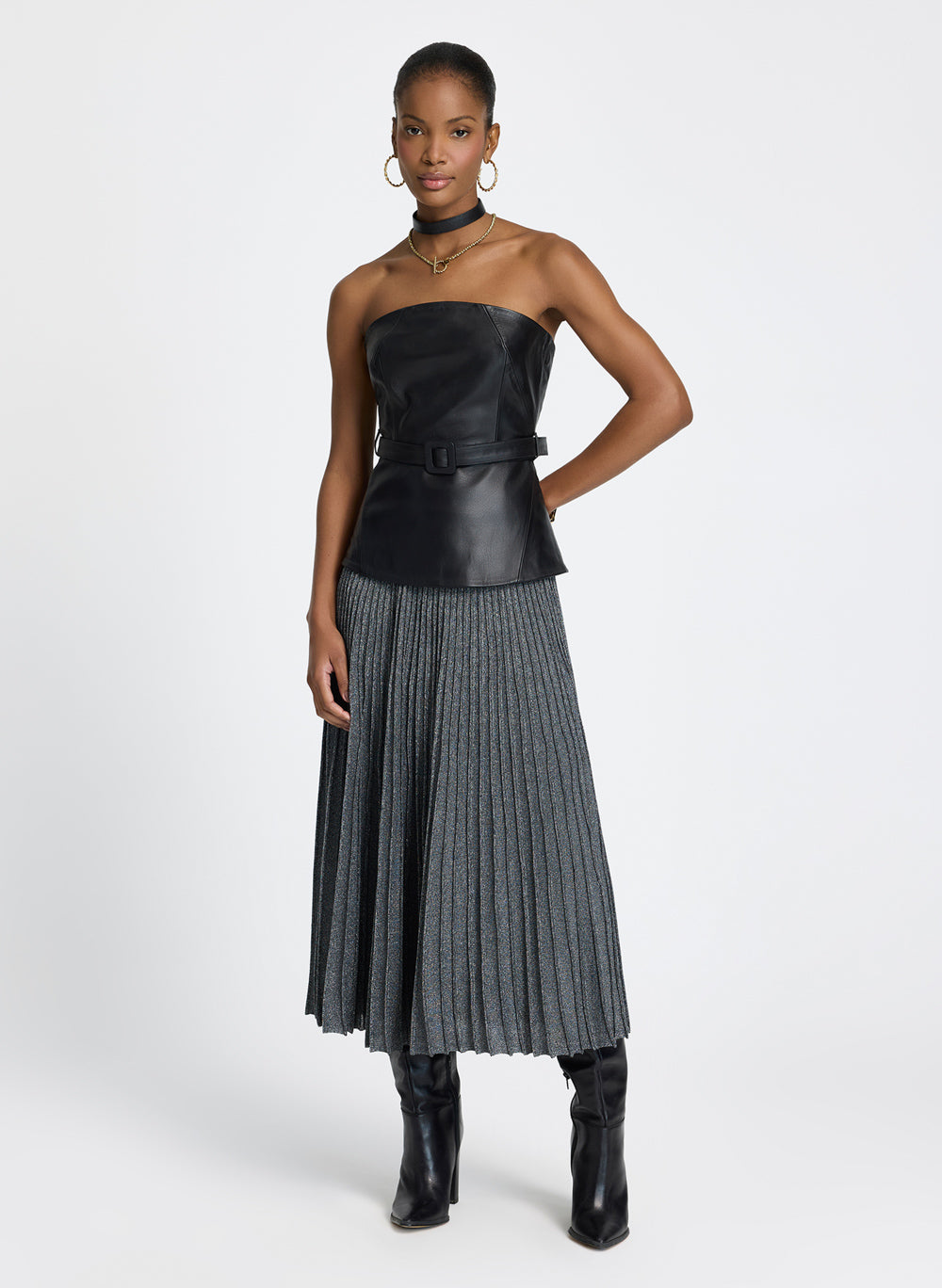Pollera plizada plateada lurex Edith Le Lis Blanc