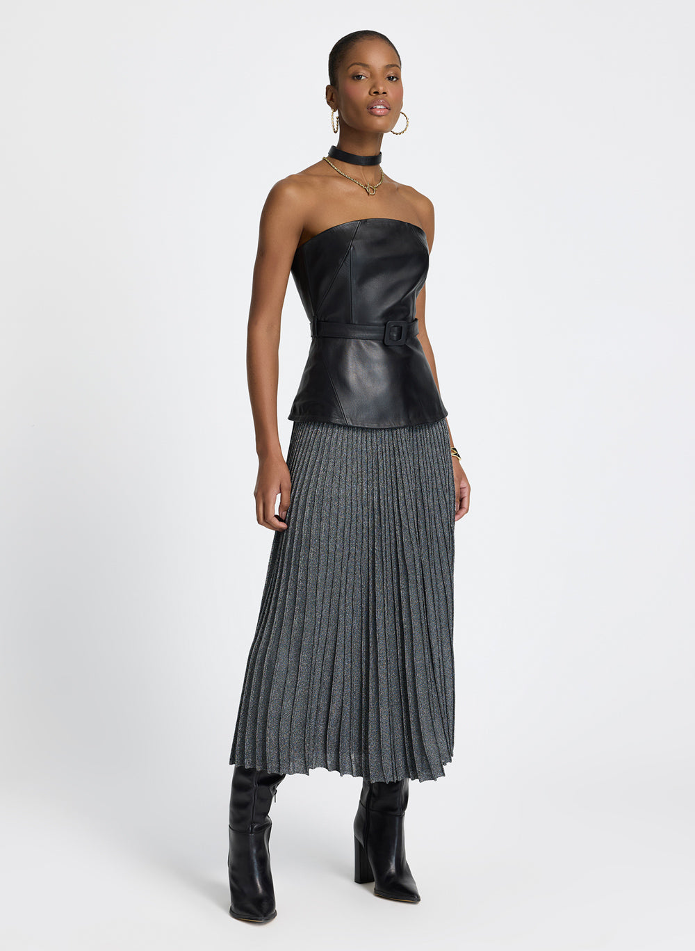 Pollera plizada plateada lurex Edith Le Lis Blanc