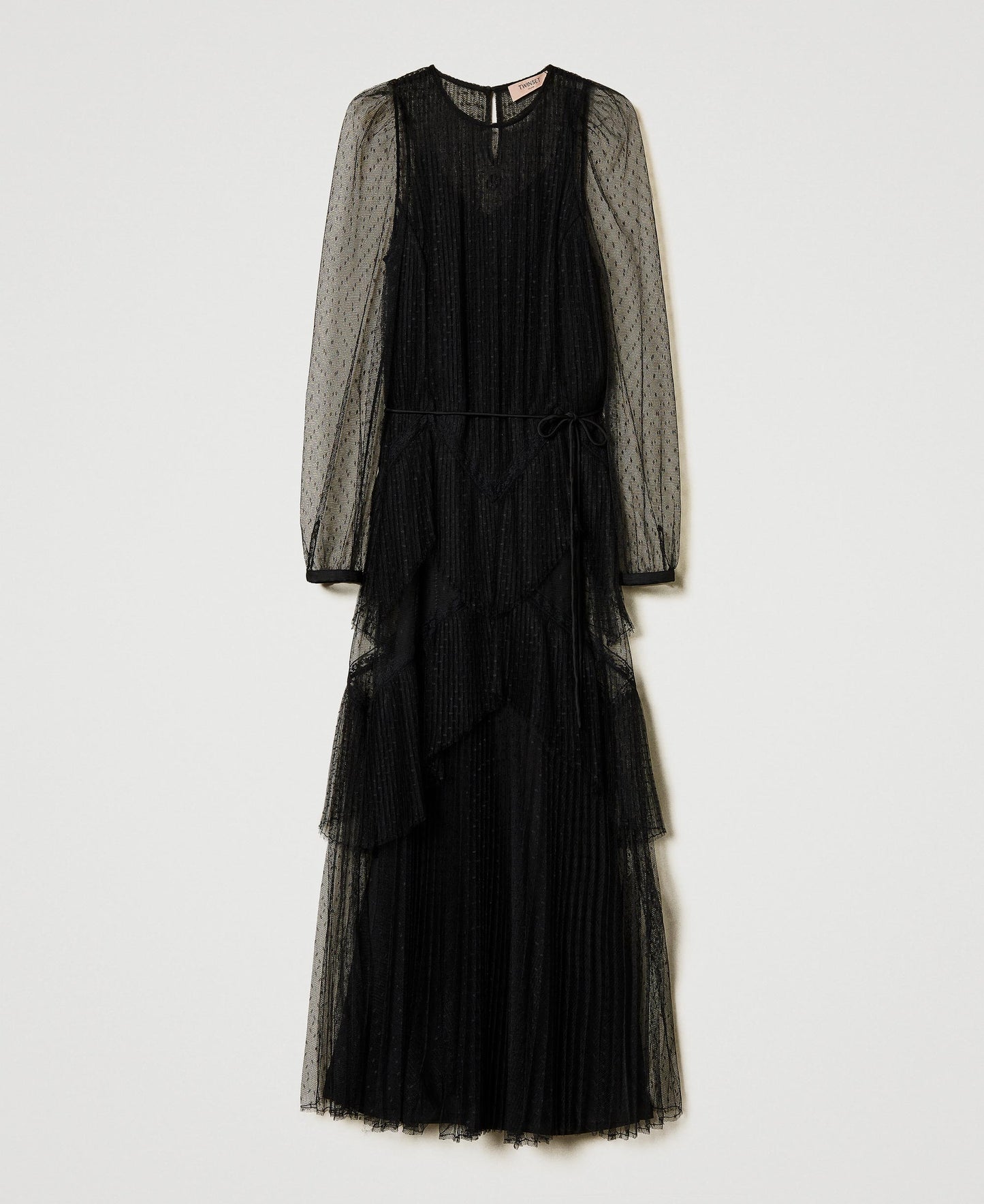 Vestido Mira negro de tul con volados plizados Twinset