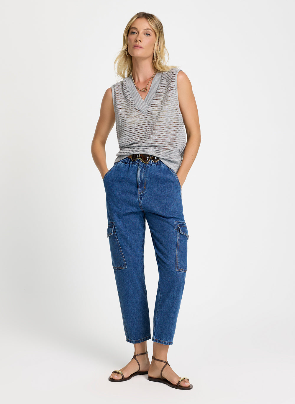 Chaleco tejido lurex gris escote v Bin Le Lis Blanc