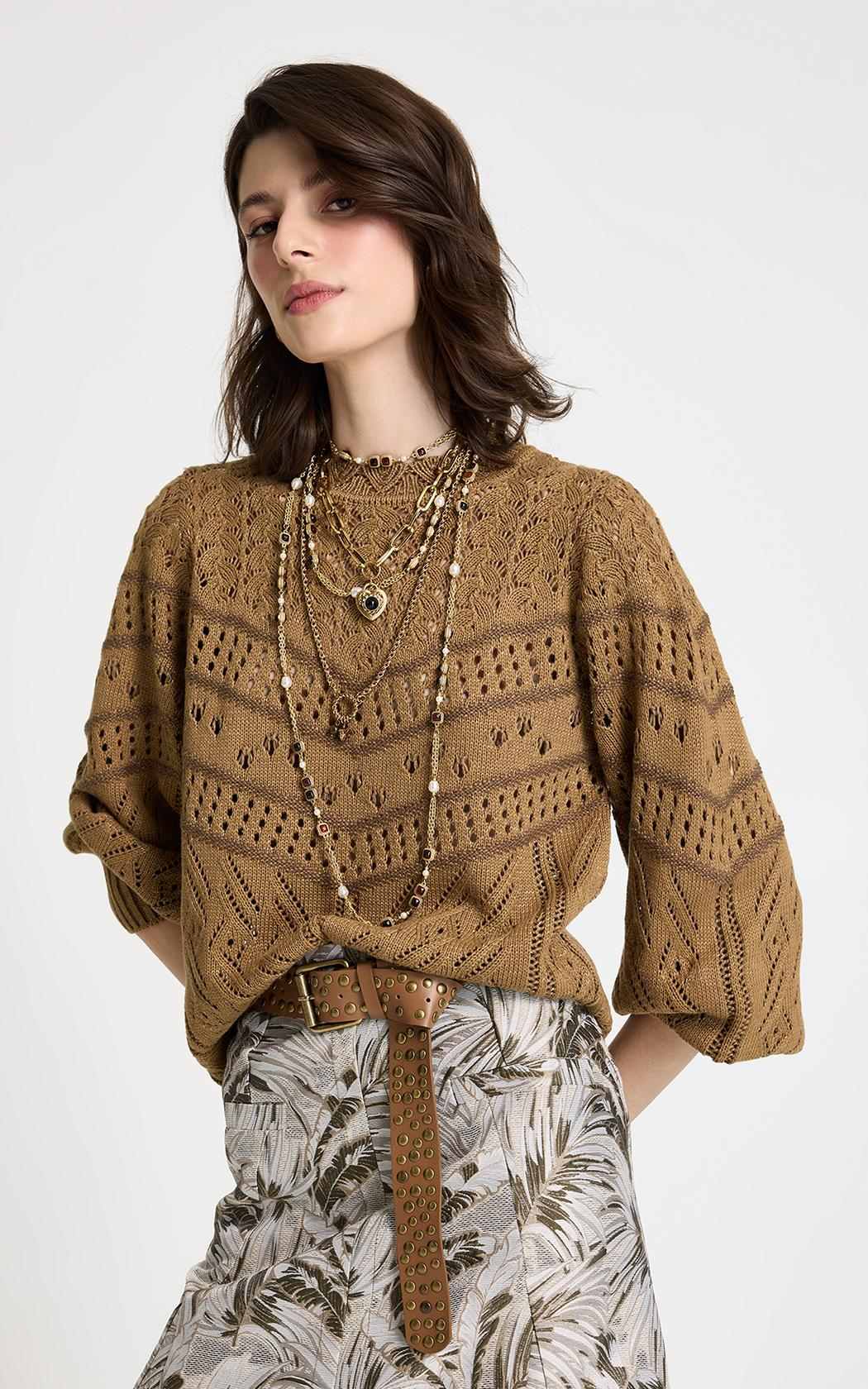 Sweater fino calado Nara camel Le Lis Blanc