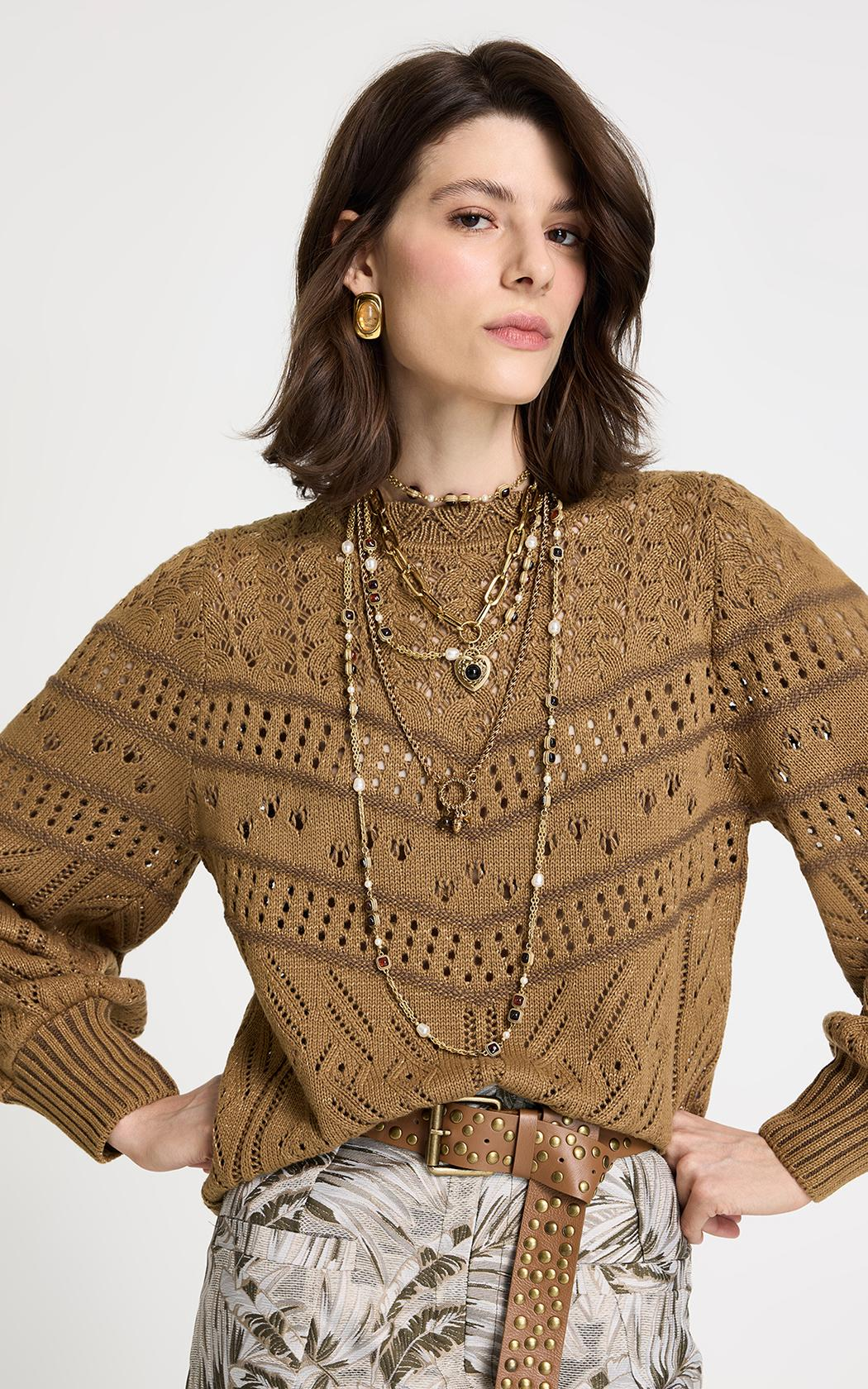 Sweater fino calado Nara camel Le Lis Blanc