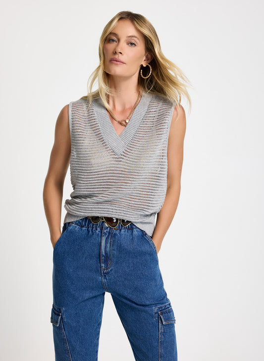 Chaleco tejido lurex gris escote v Bin Le Lis Blanc