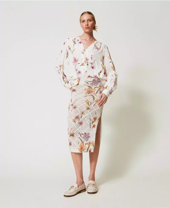 Falda midi Iris de punto calado con estampa floral Twinset
