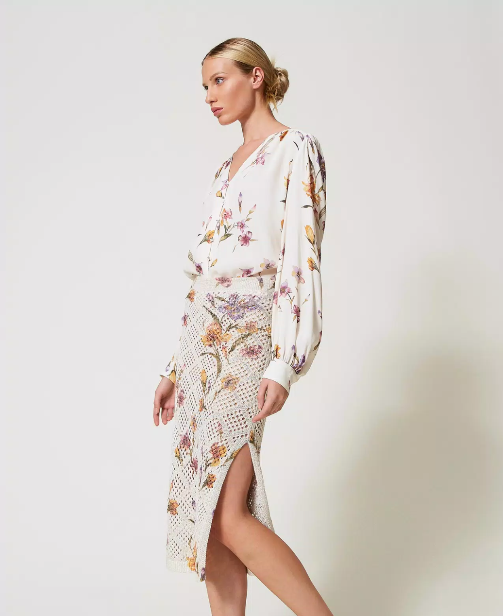 Falda midi Iris de punto calado con estampa floral Twinset