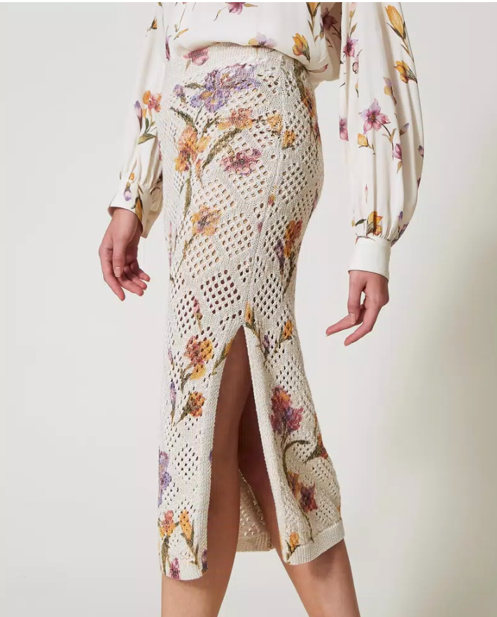 Falda midi Iris de punto calado con estampa floral Twinset